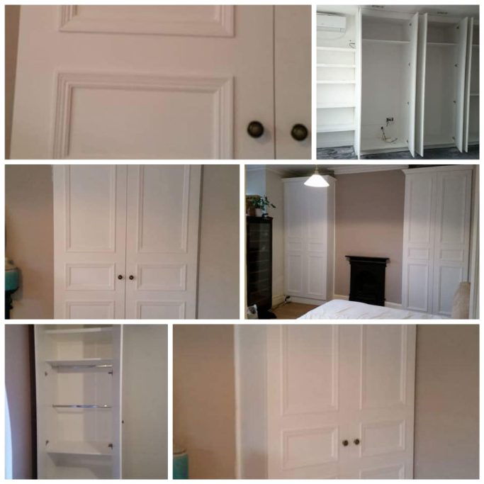Collage of white doors and cupboards in a room with a neutral colour scheme.