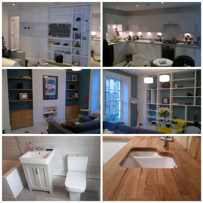 Collage of a modern living room and bathroom with white cabinetry and wooden accents.
