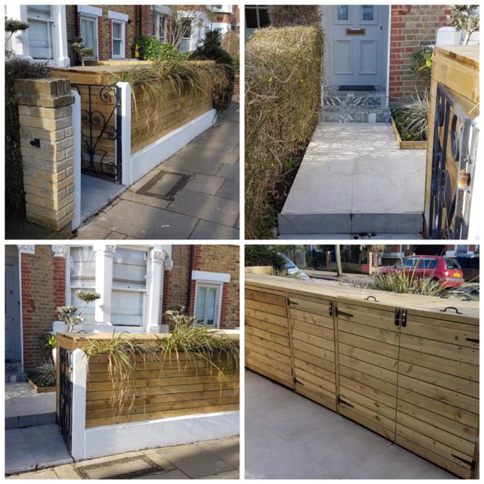 Four angles of a modern front garden with wooden fencing and a concrete path leading to the door.