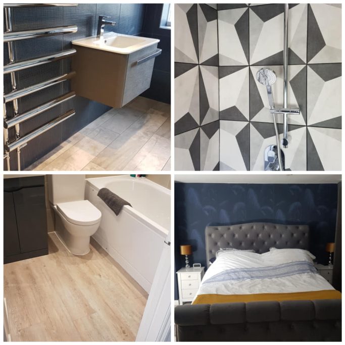 Modern bathroom featuring geometric tiles, shower, toilet, and stylish bedroom with grey decor.