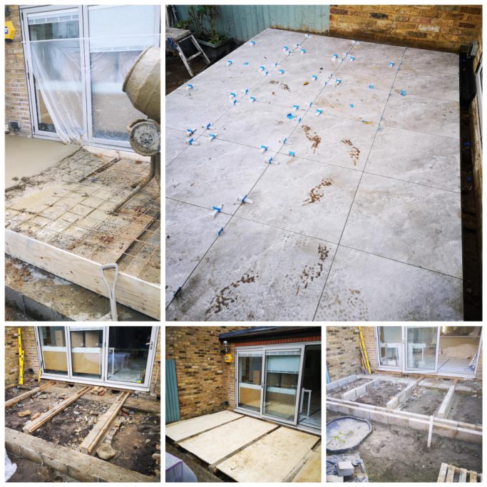Progression of a patio renovation, showing old and new tile installations with debris.