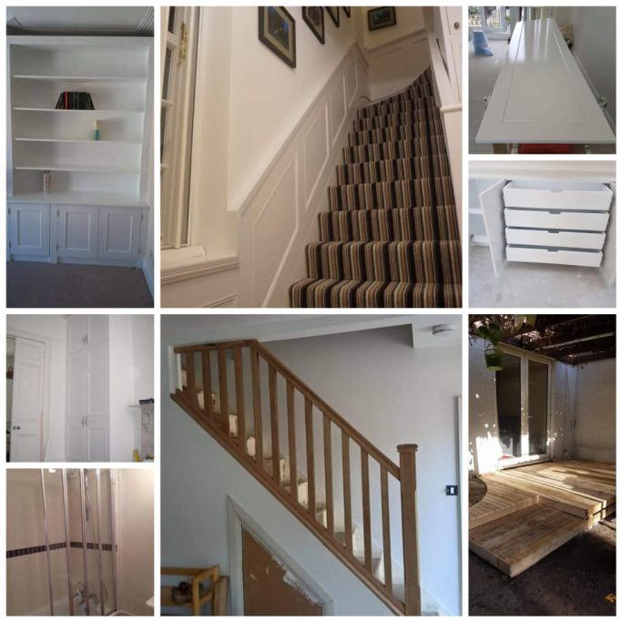 Collage of interior spaces showing a staircase, shelves, drawers, and various room details.