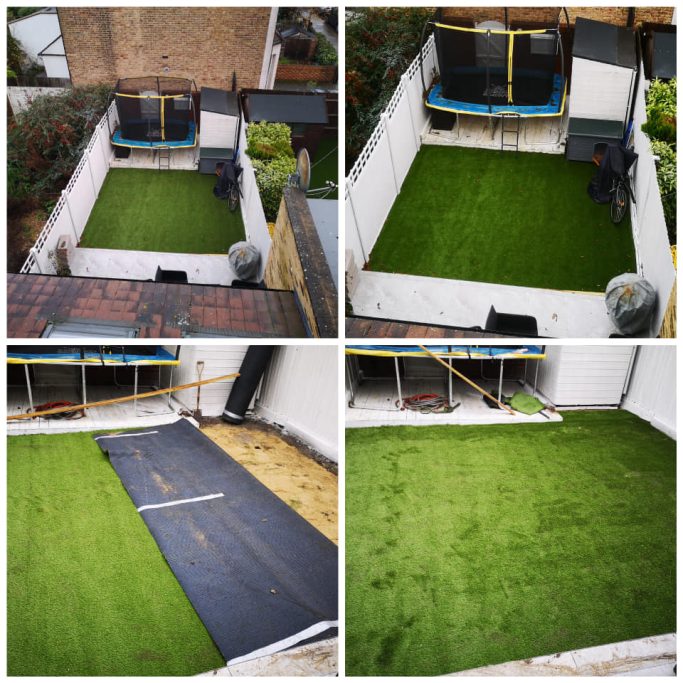 Garden transformation with artificial grass installation in four stages.