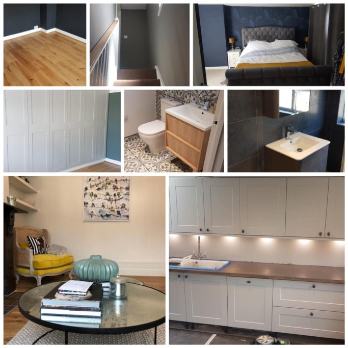Collage of a modern bedroom, bathroom, and living area with stylish furnishings and décor.