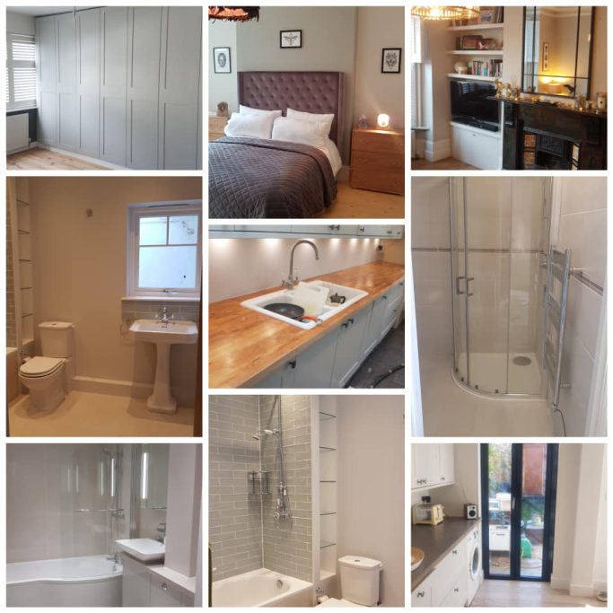 Collage of modern interiors featuring a bedroom, bathroom, and kitchen designs.